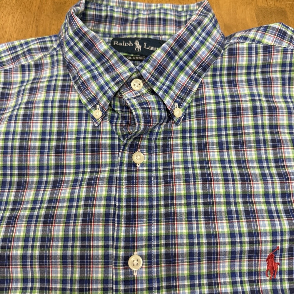 Ralph Lauren shirt men's large 16.5 blue green classic plaid preppy button down - Picture 3 of 12